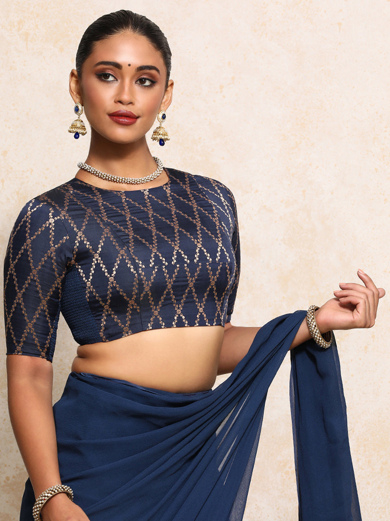 Reena x Tyohaar | Elbow Sleeves Saree Blouse in Royal Navy Vine Mesh Brocade-Binks