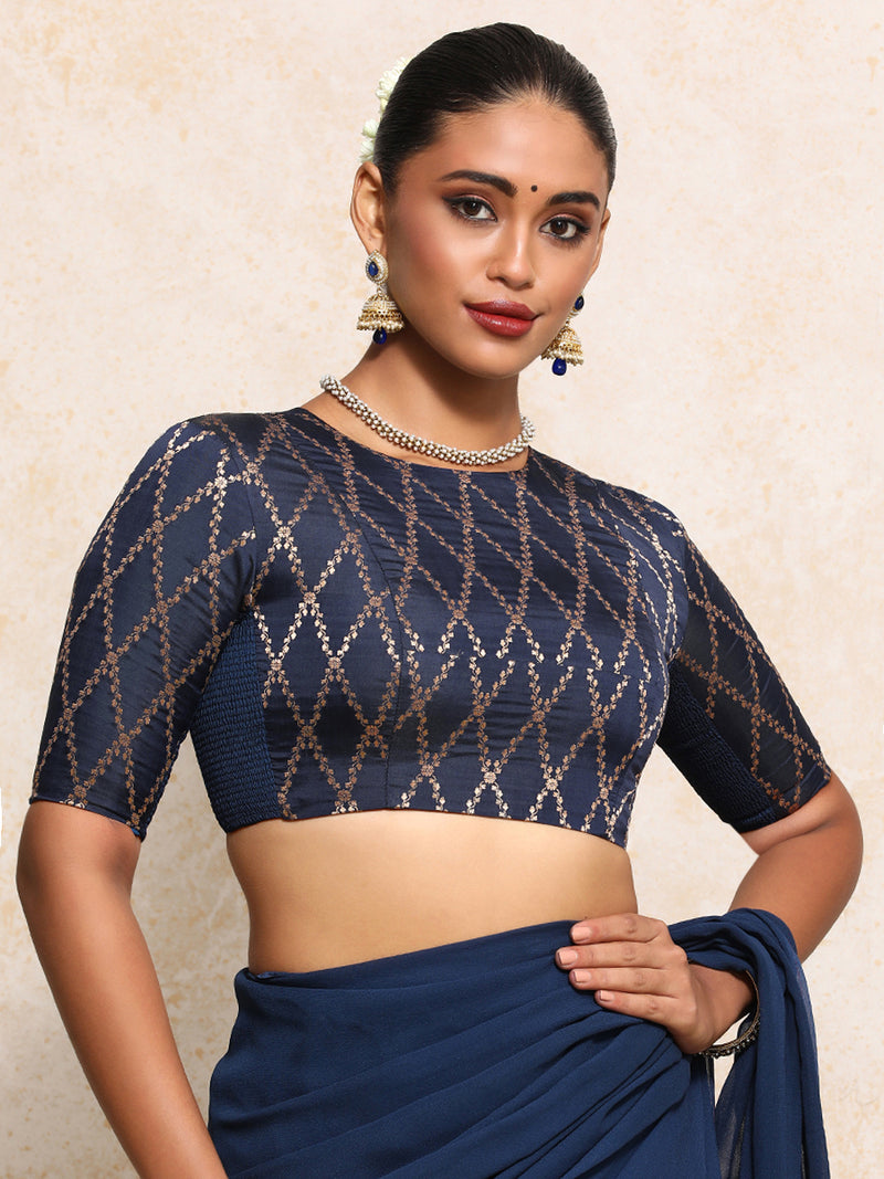 Reena x Tyohaar | Elbow Sleeves Saree Blouse in Royal Navy Vine Mesh Brocade-Binks