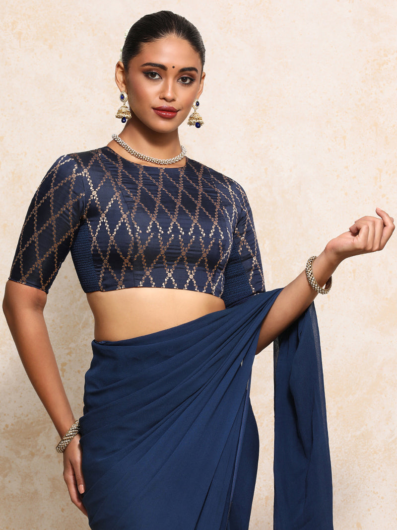 Reena x Tyohaar | Elbow Sleeves Saree Blouse in Royal Navy Vine Mesh Brocade-Binks