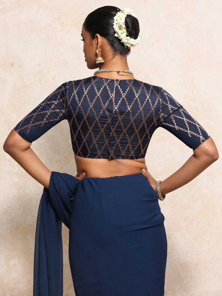 Reena x Tyohaar Saree Blouse, in Blue Viscose Silk Brocade, featuring elbow sleeves and jewel neckline (view 2).