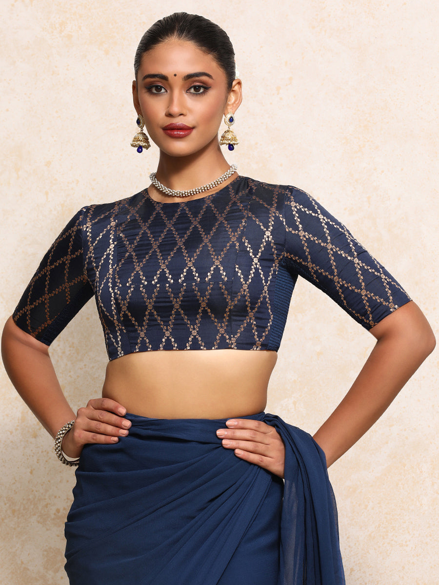 Reena x Tyohaar Saree Blouse, in Blue Viscose Silk Brocade, featuring elbow sleeves and jewel neckline (view 7).