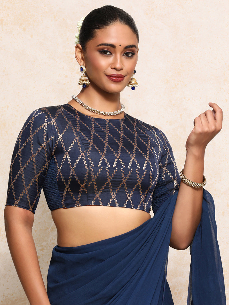 Reena x Tyohaar | Elbow Sleeves Saree Blouse in Royal Navy Vine Mesh Brocade-Binks