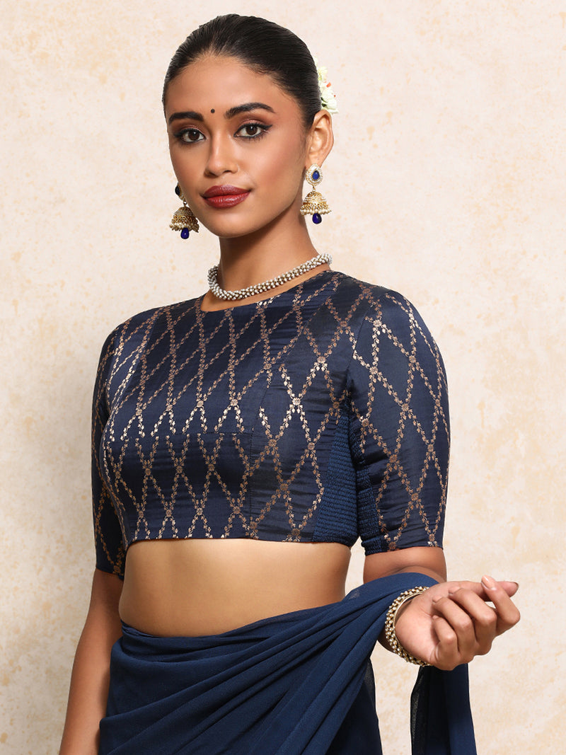 Reena x Tyohaar | Elbow Sleeves Saree Blouse in Royal Navy Vine Mesh Brocade-Binks