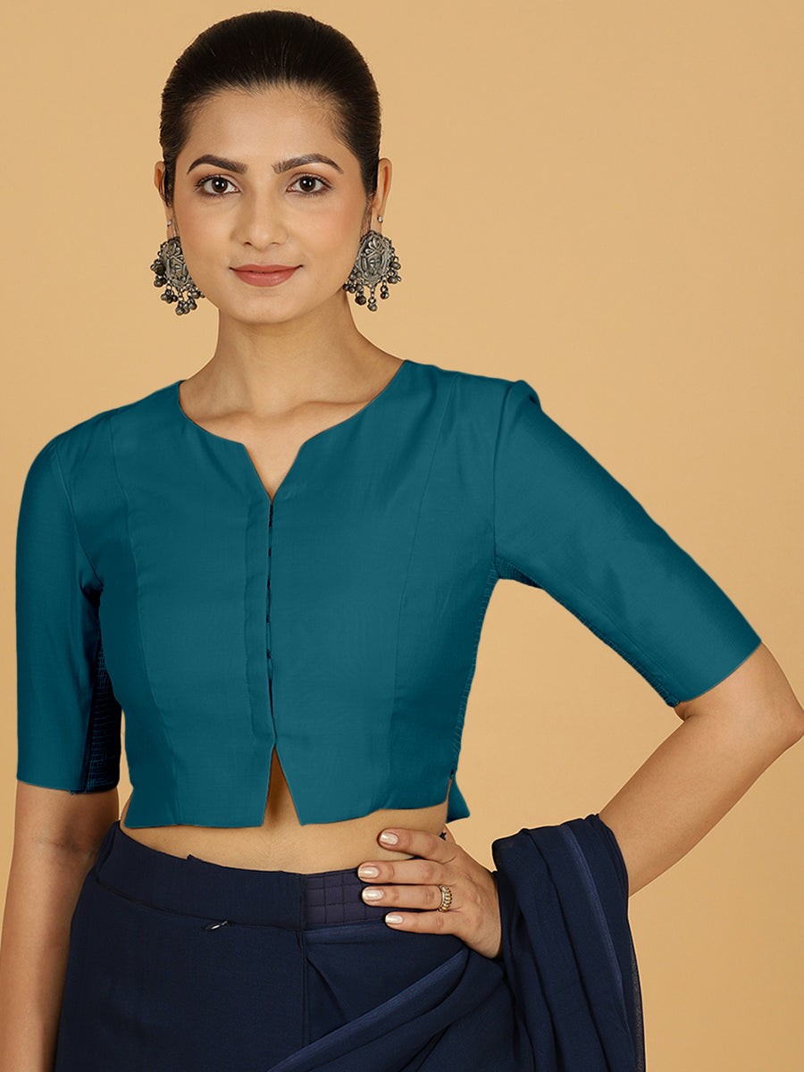 Rekha x Rozaana Saree Blouse, in Green Viscose, featuring elbow sleeves and round neckline, made for daily & work.