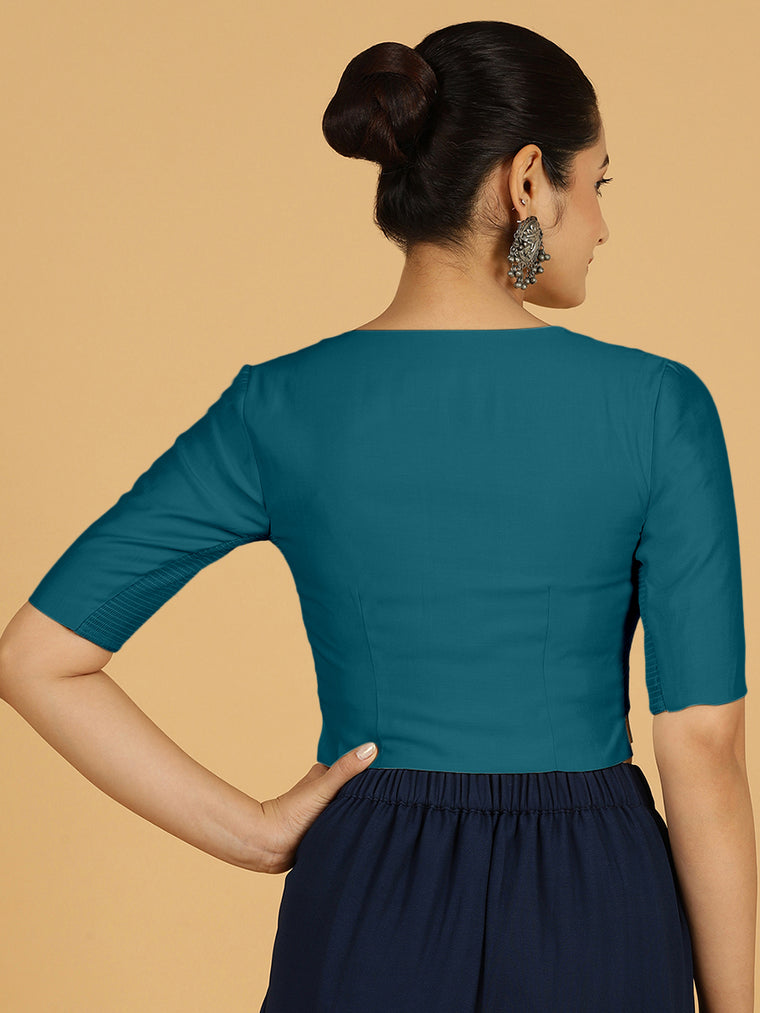 Rekha x Rozaana Saree Blouse, in Green Viscose, featuring elbow sleeves and round neckline, made for daily & work (view 2).