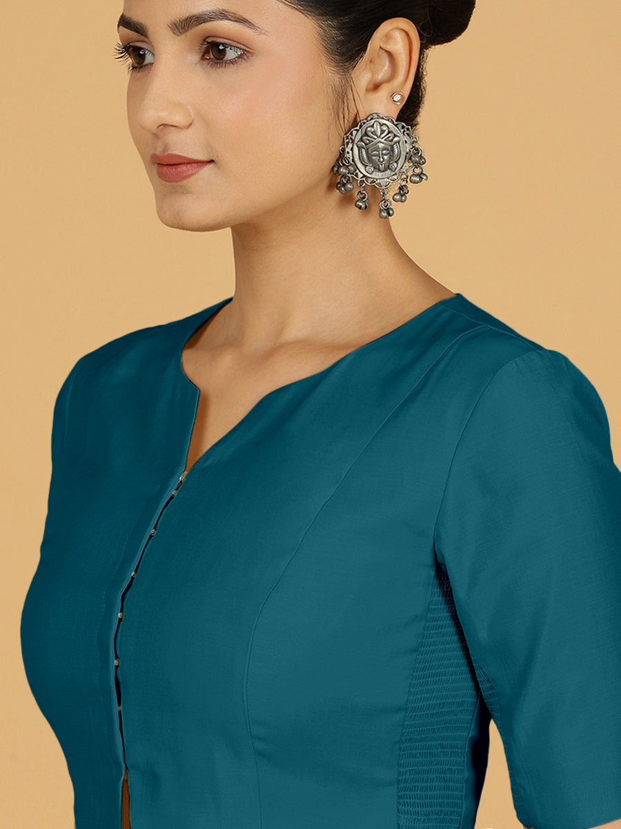 Rekha x Rozaana Saree Blouse, in Green Viscose, featuring elbow sleeves and round neckline, made for daily & work (view 5).