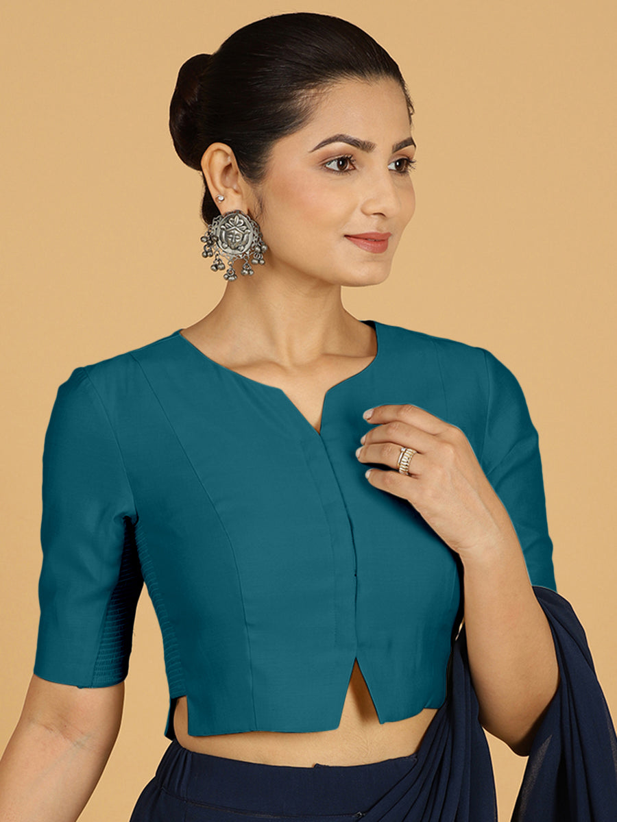 Rekha x Rozaana Saree Blouse, in Green Viscose, featuring elbow sleeves and round neckline, made for daily & work (view 7).