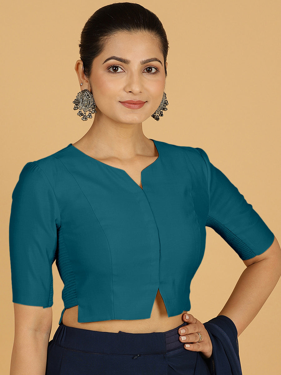 Rekha x Rozaana Saree Blouse, in Green Viscose, featuring elbow sleeves and round neckline, made for daily & work (view 8).
