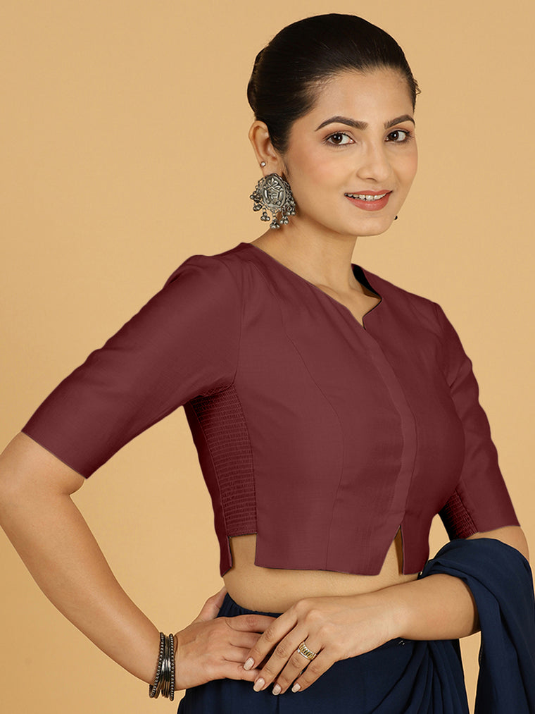 Rekha x Rozaana Saree Blouse, in Maroon Viscose, featuring elbow sleeves and round neckline, made for daily & work.