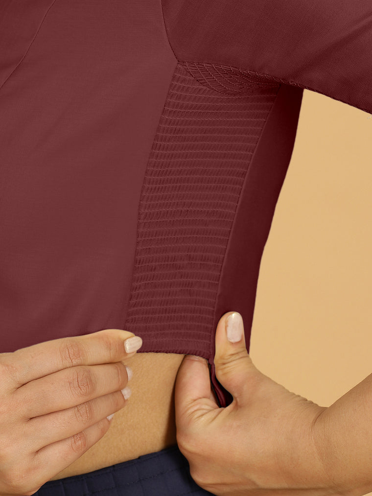 Rekha x Rozaana Saree Blouse, in Maroon Viscose, featuring elbow sleeves and round neckline, made for daily & work (view 3).