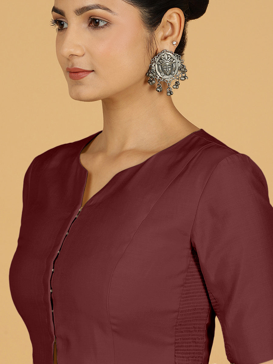 Rekha x Rozaana Saree Blouse, in Maroon Viscose, featuring elbow sleeves and round neckline, made for daily & work (view 5).