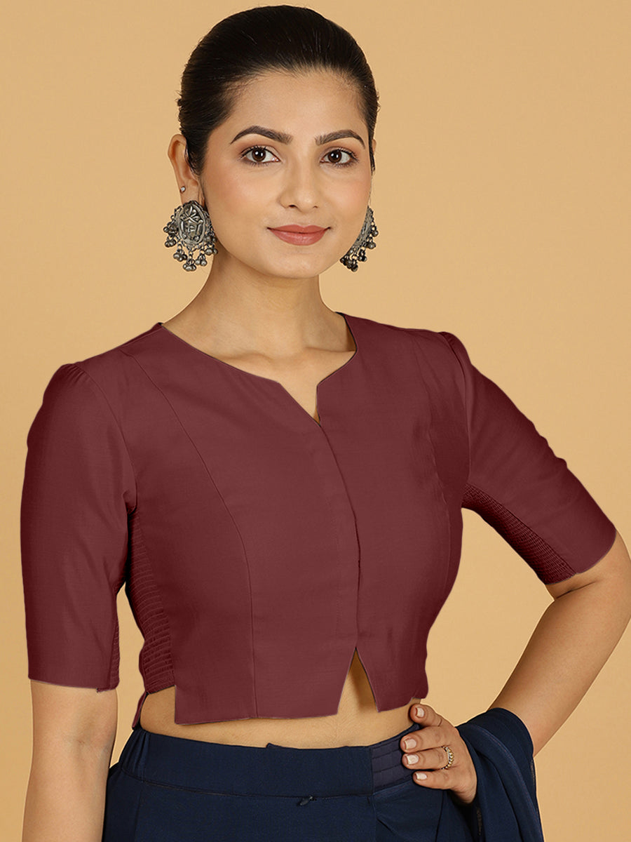 Rekha x Rozaana Saree Blouse, in Maroon Viscose, featuring elbow sleeves and round neckline, made for daily & work (view 7).