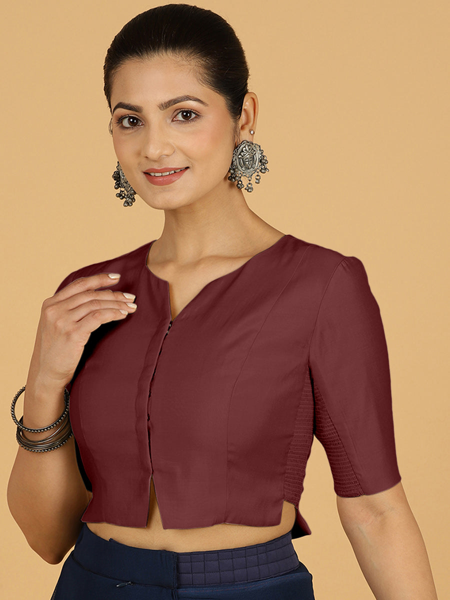 Rekha x Rozaana Saree Blouse, in Maroon Viscose, featuring elbow sleeves and round neckline, made for daily & work (view 8).