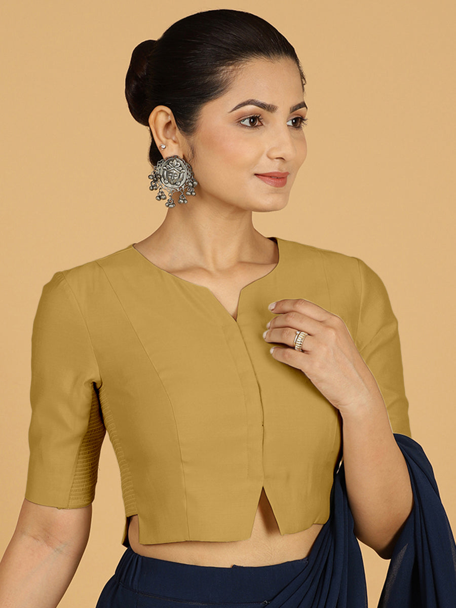 Rekha x Rozaana Saree Blouse, in Yellow Viscose, featuring elbow sleeves and round neckline, made for daily & work.