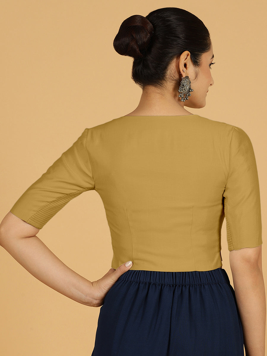 Rekha x Rozaana Saree Blouse, in Yellow Viscose, featuring elbow sleeves and round neckline, made for daily & work (view 2).