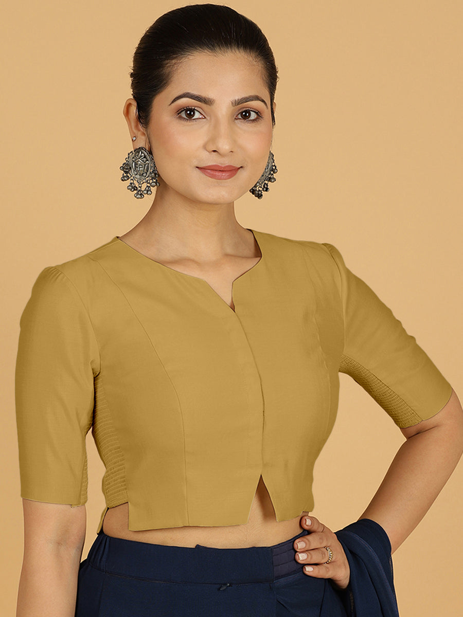 Rekha x Rozaana Saree Blouse, in Yellow Viscose, featuring elbow sleeves and round neckline, made for daily & work (view 7).