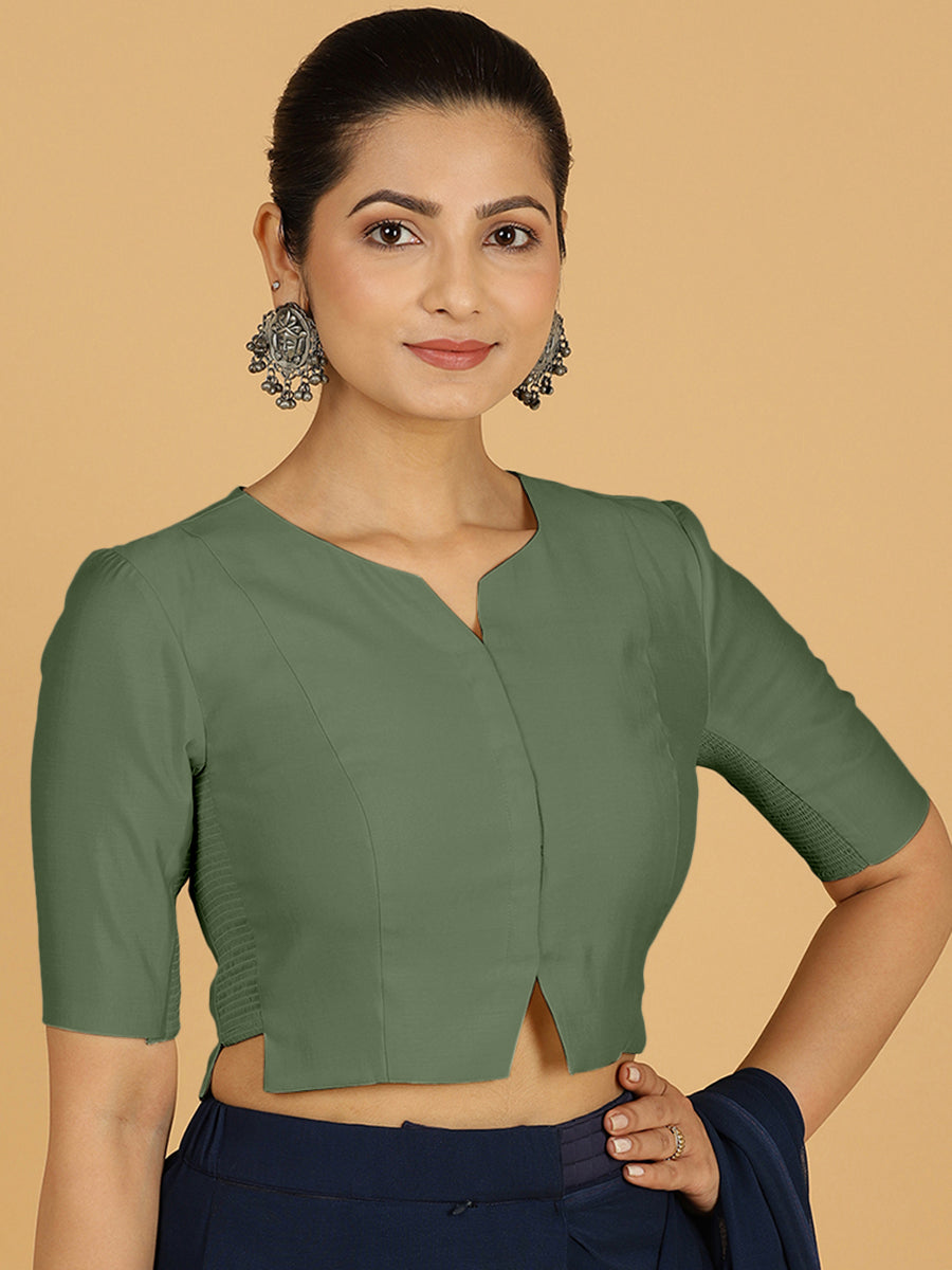 Rekha x Rozaana Saree Blouse, in Green Viscose, featuring elbow sleeves and round neckline, made for daily & work.
