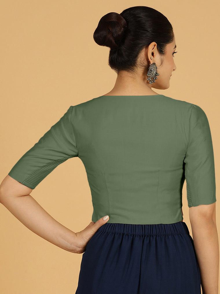 Rekha x Rozaana Saree Blouse, in Green Viscose, featuring elbow sleeves and round neckline, made for daily & work (view 2).