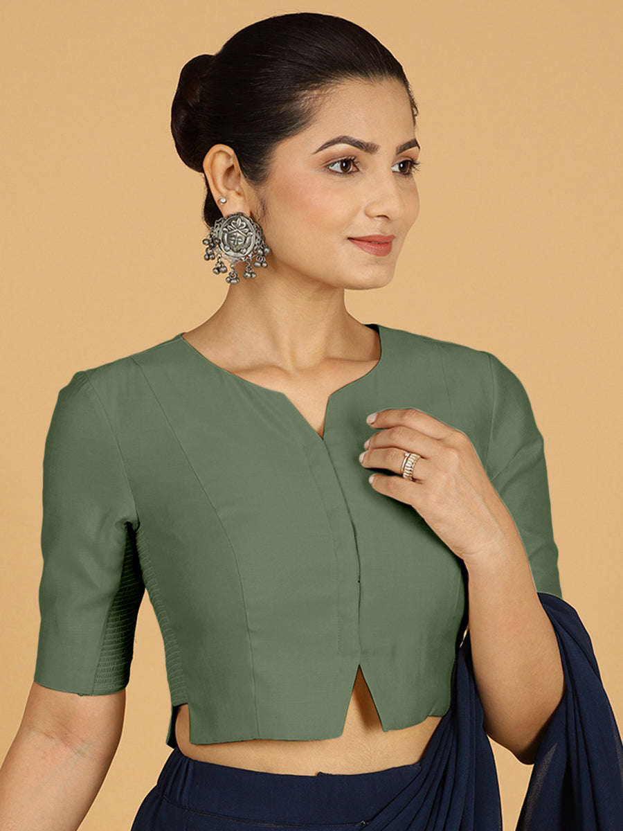 Rekha x Rozaana Saree Blouse, in Green Viscose, featuring elbow sleeves and round neckline, made for daily & work (view 7).