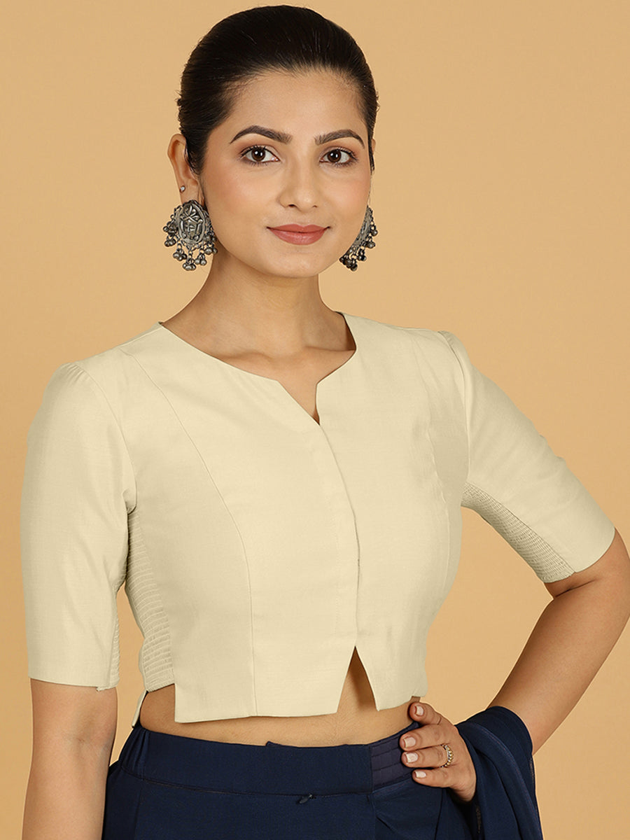 Rekha x Rozaana Saree Blouse, in White Viscose, featuring elbow sleeves and round neckline, made for daily & work (view 8).