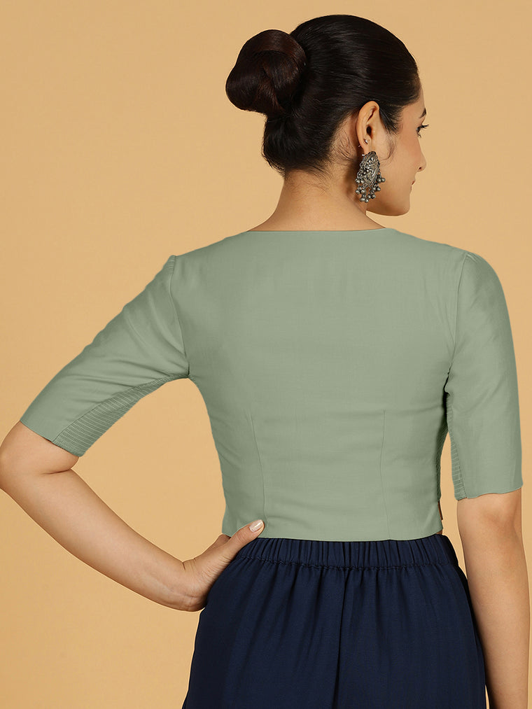 Rekha x Rozaana Saree Blouse, in Green Viscose, featuring elbow sleeves and round neckline, made for daily & work (view 2).
