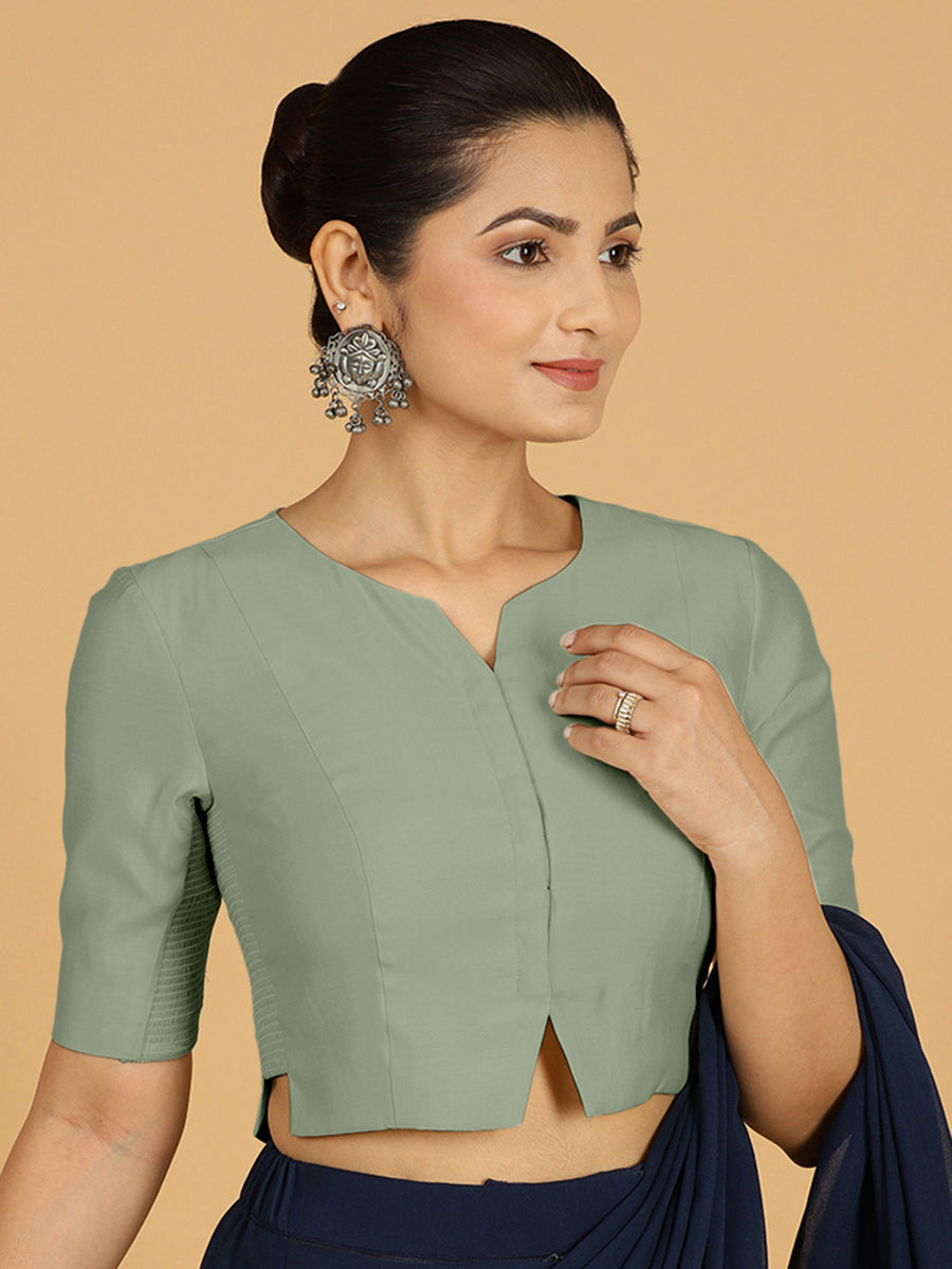 Rekha x Rozaana Saree Blouse, in Green Viscose, featuring elbow sleeves and round neckline, made for daily & work (view 6).