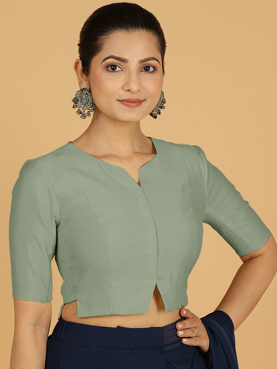Rekha x Rozaana Saree Blouse, in Green Viscose, featuring elbow sleeves and round neckline, made for daily & work (view 7).