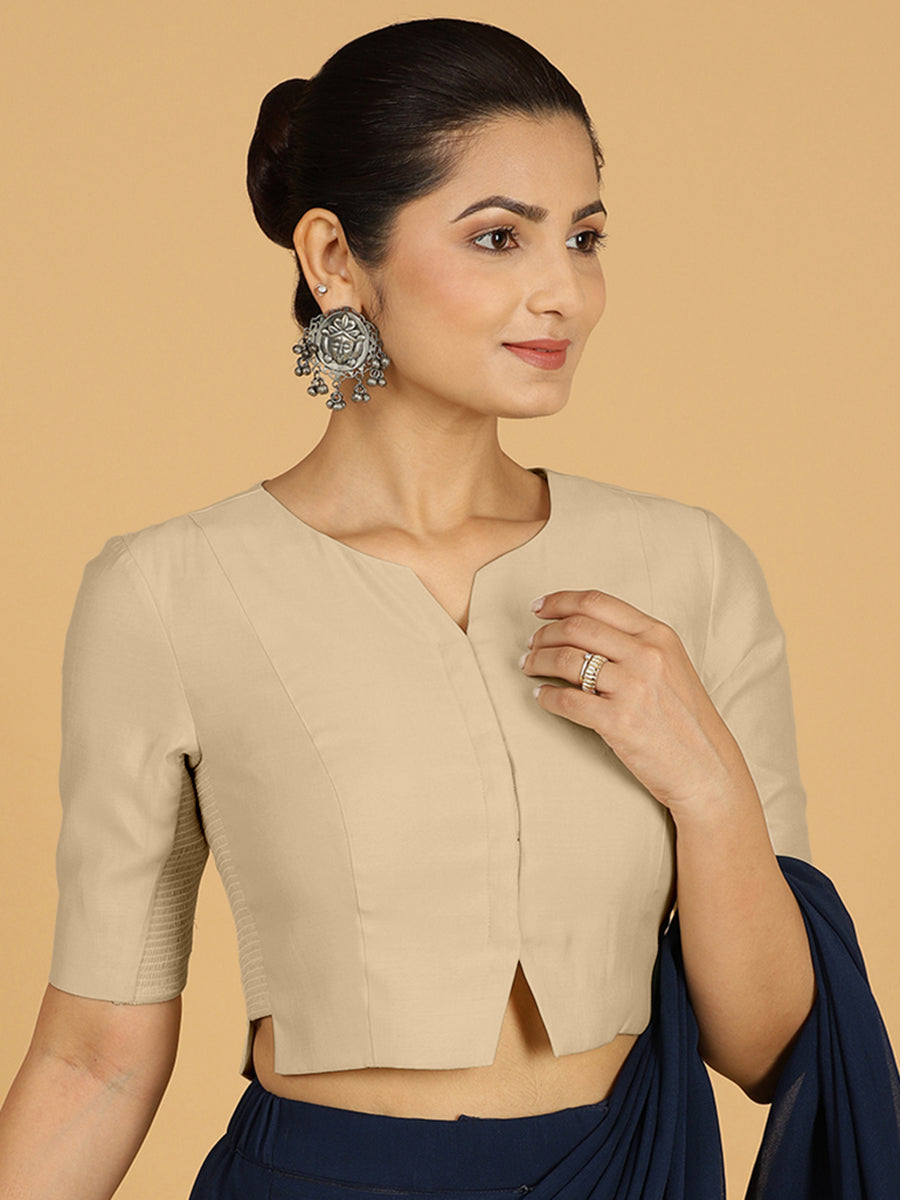 Rekha x Rozaana Saree Blouse, in Grey Viscose, featuring elbow sleeves and round neckline, made for daily & work (view 7).