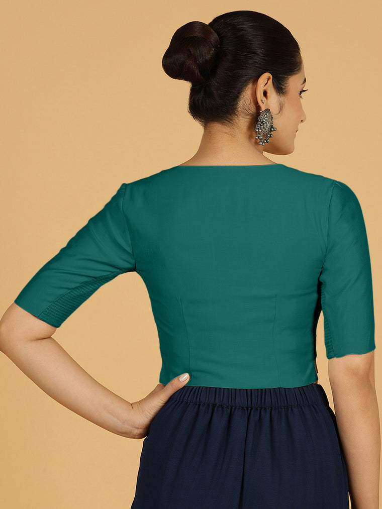 Rekha x Rozaana Saree Blouse, in Green Viscose, featuring elbow sleeves and round neckline, made for daily & work (view 2).