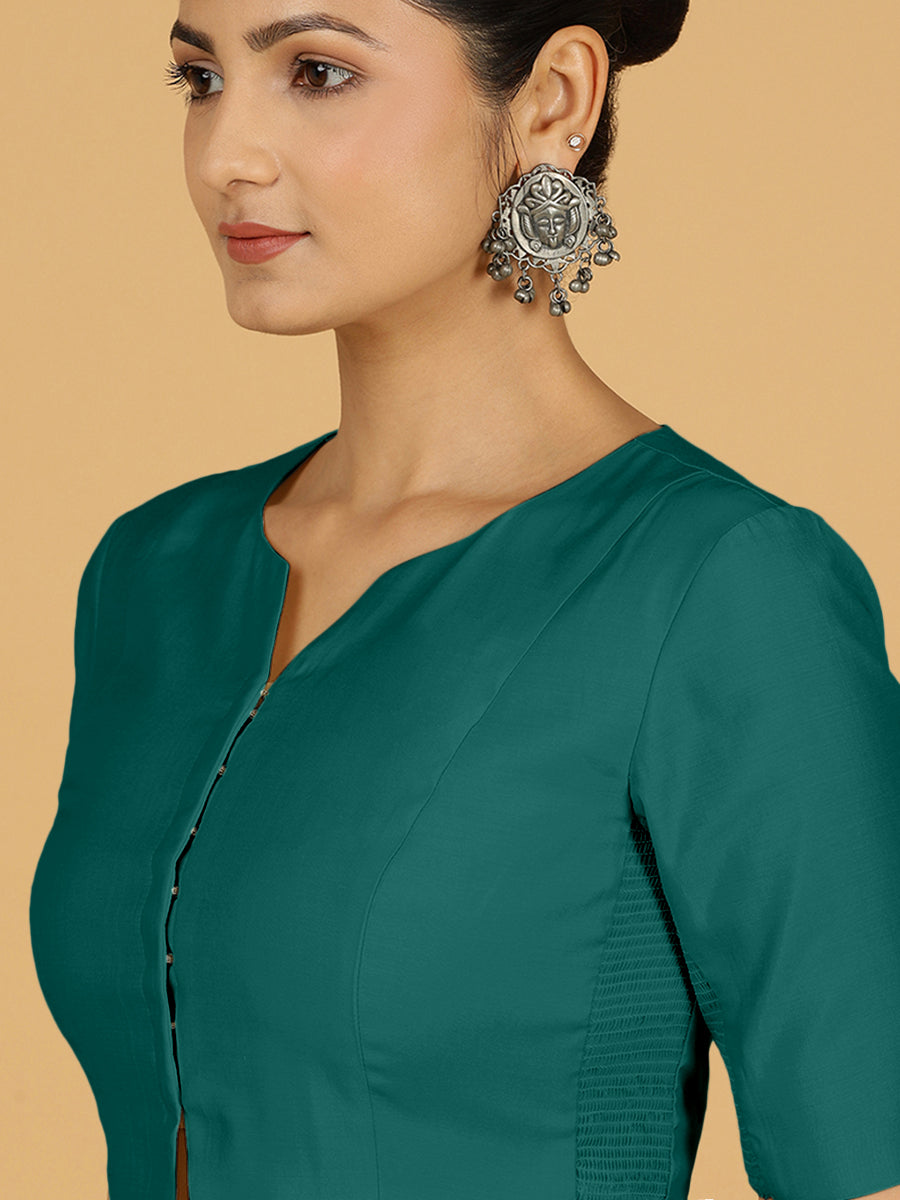 Rekha x Rozaana Saree Blouse, in Green Viscose, featuring elbow sleeves and round neckline, made for daily & work (view 5).
