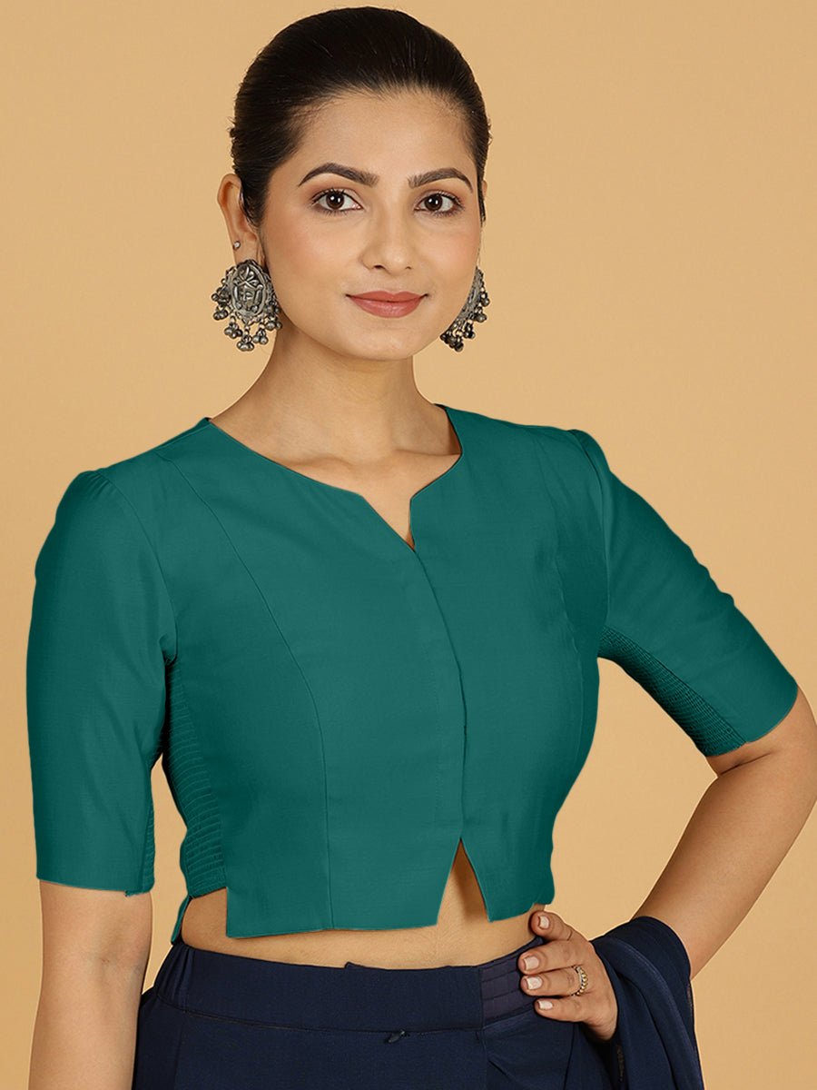 Rekha x Rozaana Saree Blouse, in Green Viscose, featuring elbow sleeves and round neckline, made for daily & work (view 7).