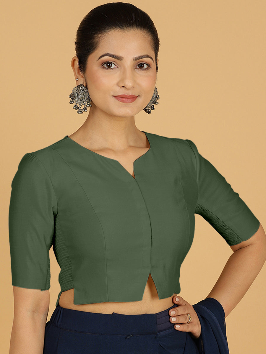 Rekha x Rozaana Saree Blouse, in Green Viscose, featuring elbow sleeves and round neckline, made for daily & work.
