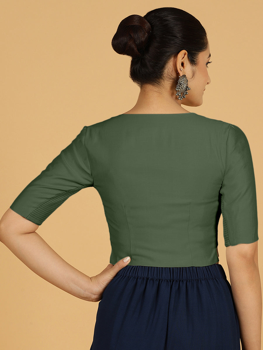 Rekha x Rozaana Saree Blouse, in Green Viscose, featuring elbow sleeves and round neckline, made for daily & work (view 2).