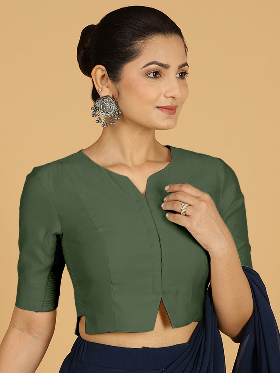 Rekha x Rozaana Saree Blouse, in Green Viscose, featuring elbow sleeves and round neckline, made for daily & work (view 7).