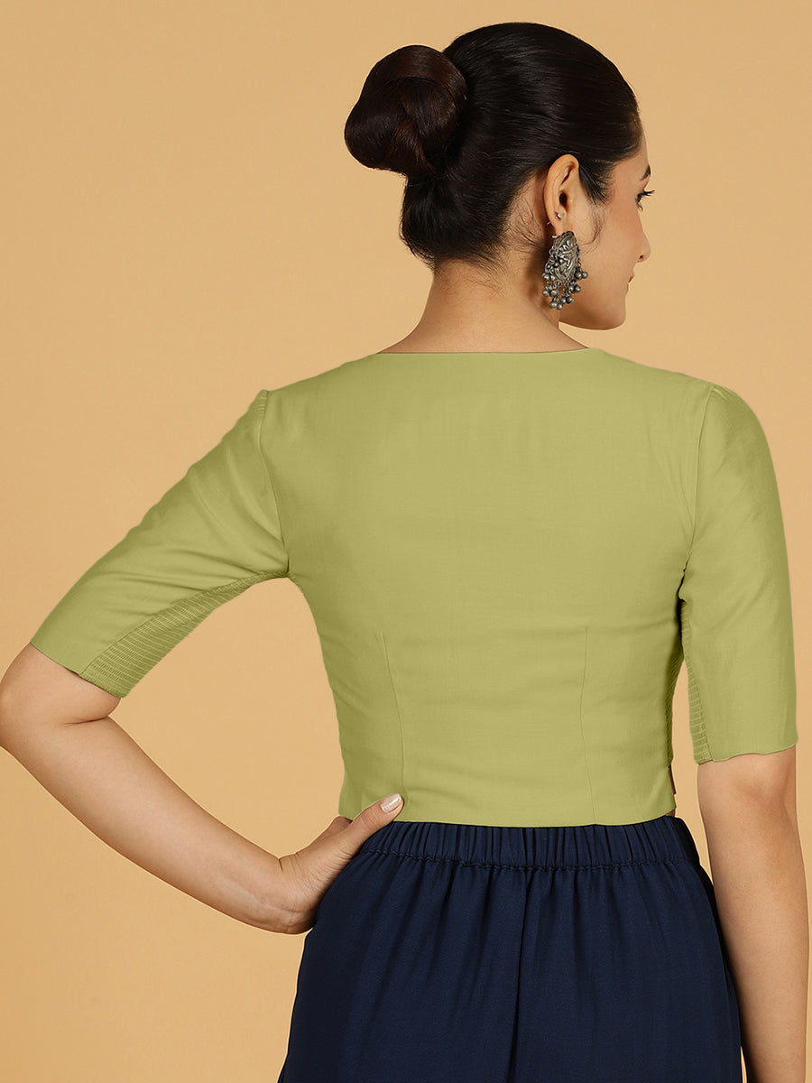 Rekha x Rozaana Saree Blouse, in Green Viscose, featuring elbow sleeves and round neckline, made for daily & work (view 2).