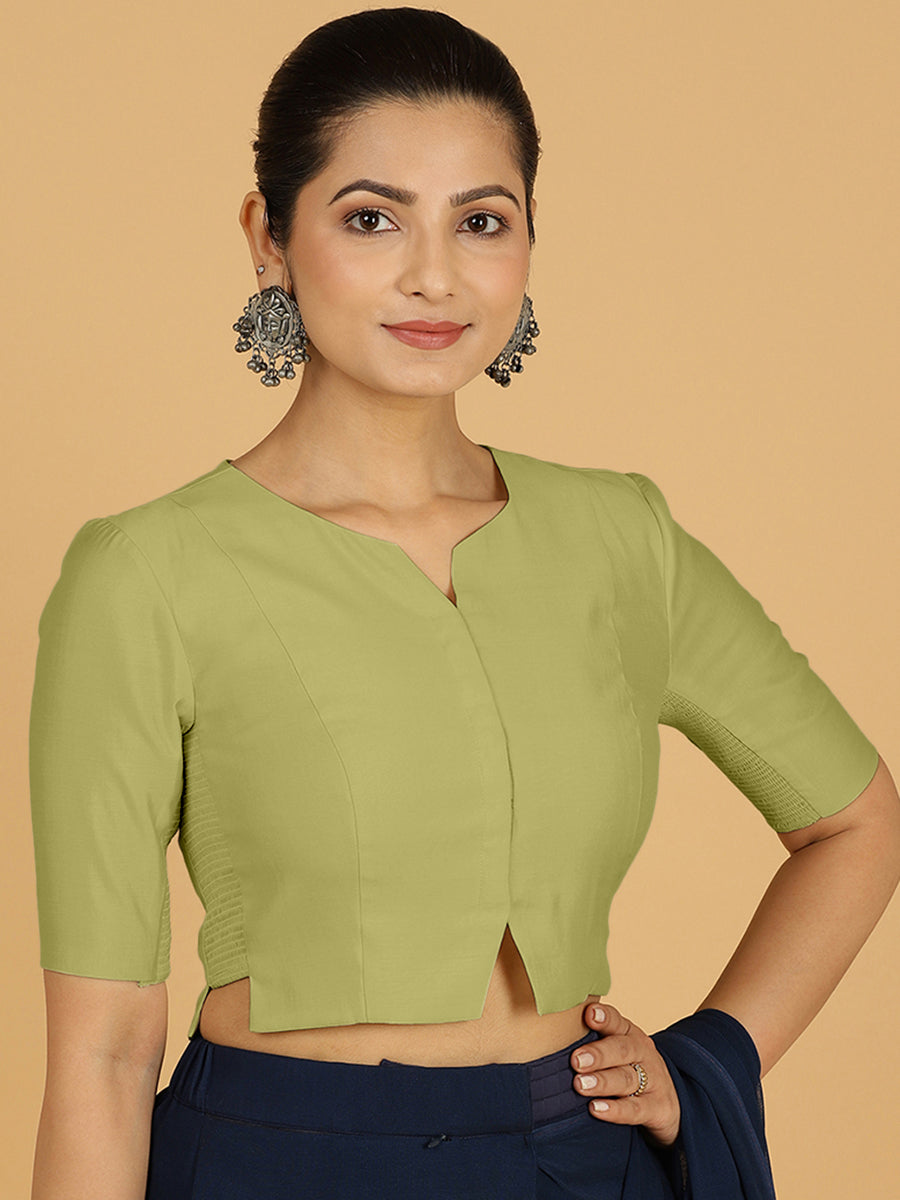 Rekha x Rozaana Saree Blouse, in Green Viscose, featuring elbow sleeves and round neckline, made for daily & work (view 8).