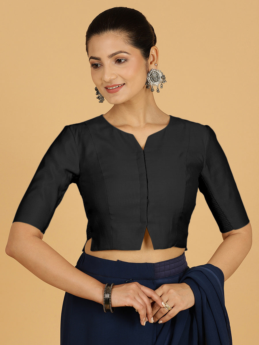 Rekha x Rozaana Saree Blouse, in Black Viscose, featuring elbow sleeves and round neckline, made for daily & work.