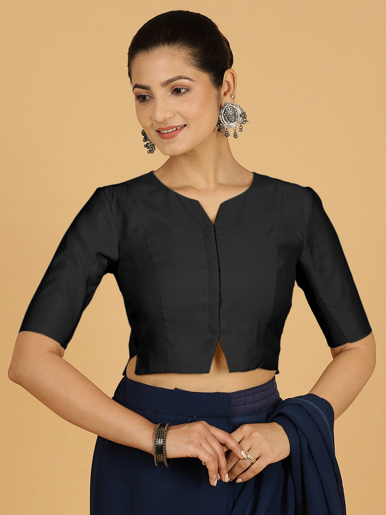 Rekha x Rozaana Saree Blouse, in Black Viscose, featuring elbow sleeves and round neckline, made for daily & work.
