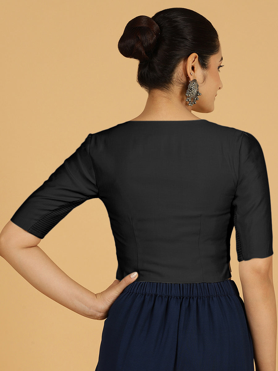Rekha x Rozaana Saree Blouse, in Black Viscose, featuring elbow sleeves and round neckline, made for daily & work (view 2).