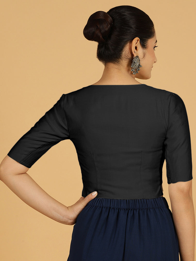 Rekha x Rozaana Saree Blouse, in Black Viscose, featuring elbow sleeves and round neckline, made for daily & work (view 2).