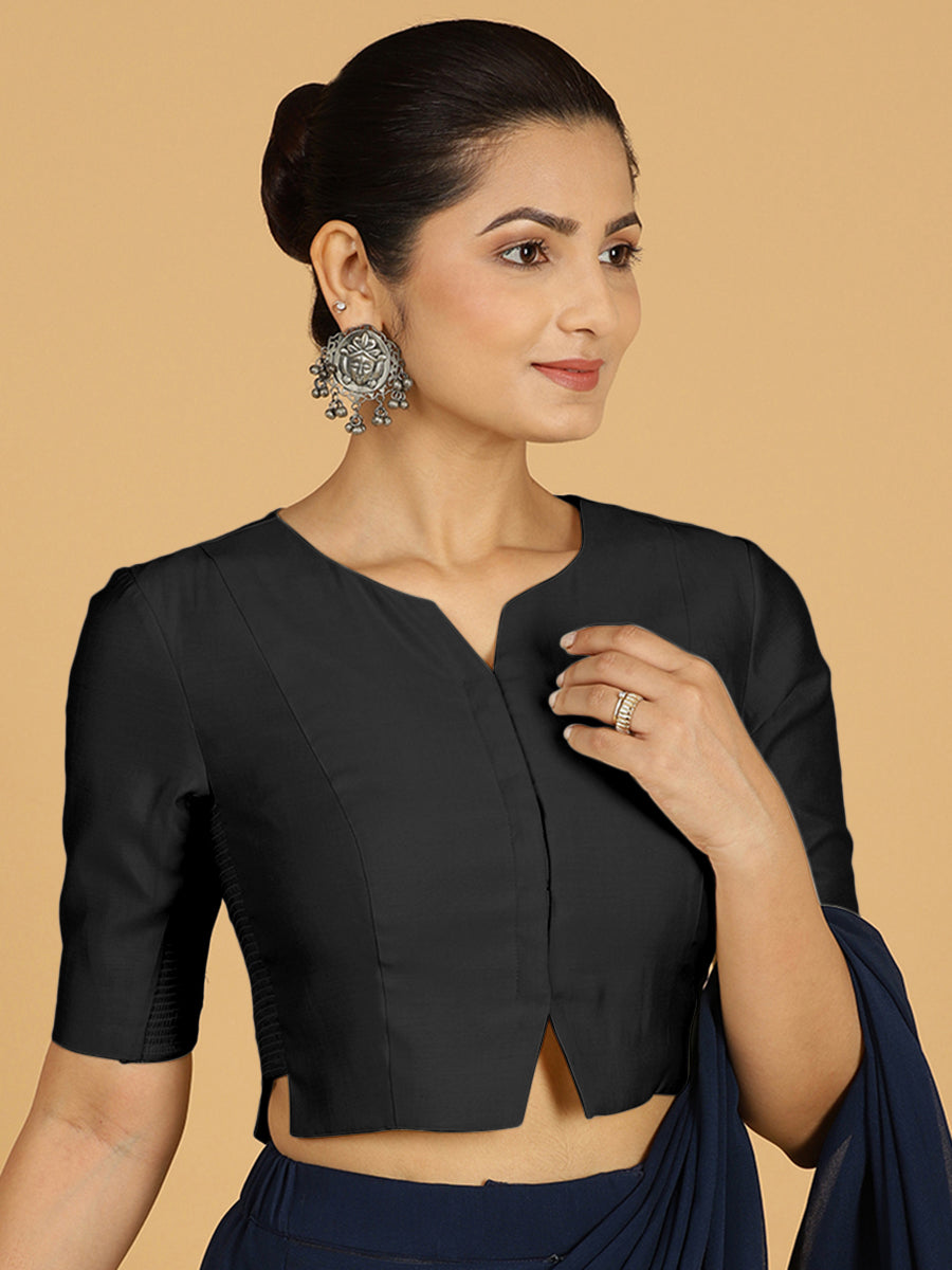 Rekha x Rozaana Saree Blouse, in Black Viscose, featuring elbow sleeves and round neckline, made for daily & work (view 7).