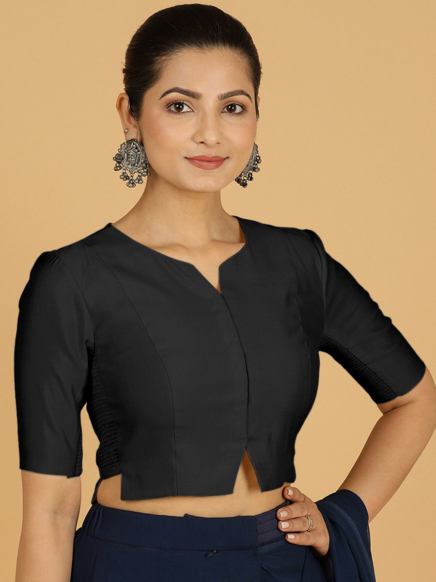 Rekha x Rozaana Saree Blouse, in Black Viscose, featuring elbow sleeves and round neckline, made for daily & work (view 8).