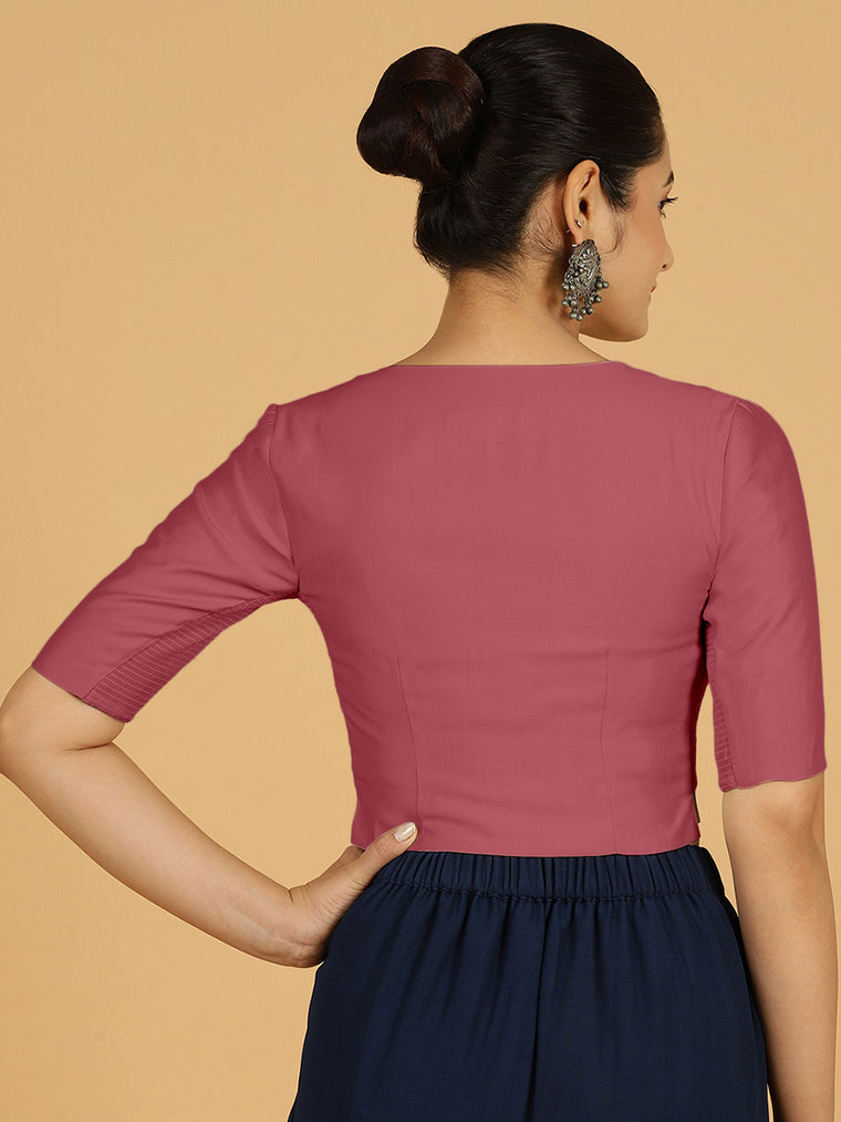 Rekha x Rozaana Saree Blouse, in Pink Viscose, featuring elbow sleeves and round neckline, made for daily & work (view 2).