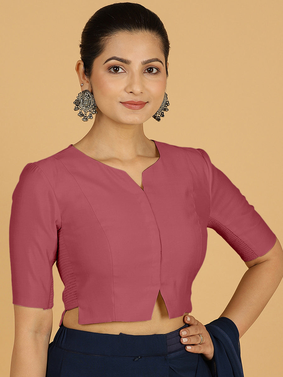 Rekha x Rozaana Saree Blouse, in Pink Viscose, featuring elbow sleeves and round neckline, made for daily & work (view 7).