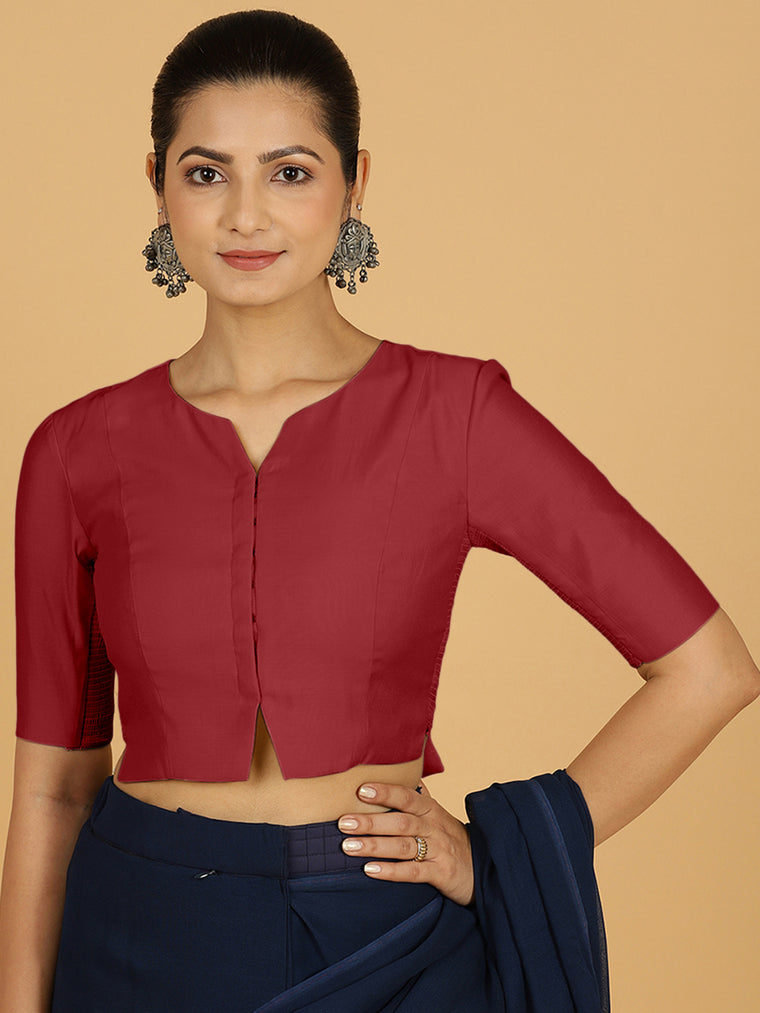 Rekha x Rozaana Saree Blouse, in Red Viscose, featuring elbow sleeves and round neckline, made for daily & work.