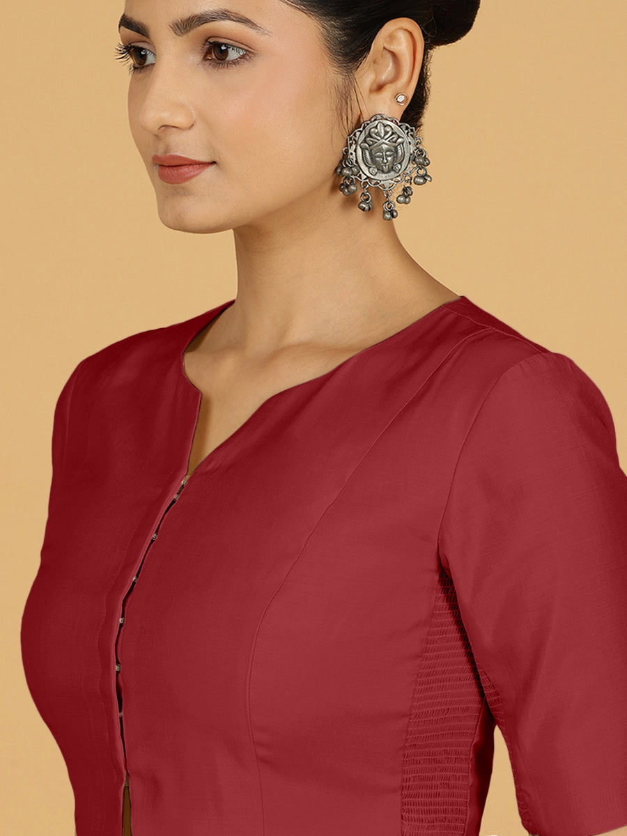 Rekha x Rozaana Saree Blouse, in Red Viscose, featuring elbow sleeves and round neckline, made for daily & work (view 5).