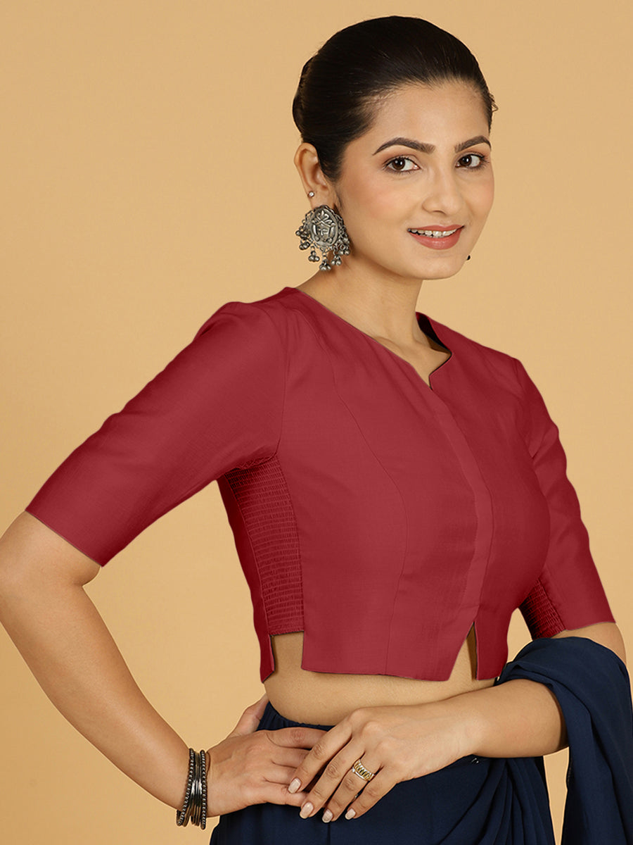 Rekha x Rozaana Saree Blouse, in Red Viscose, featuring elbow sleeves and round neckline, made for daily & work (view 6).