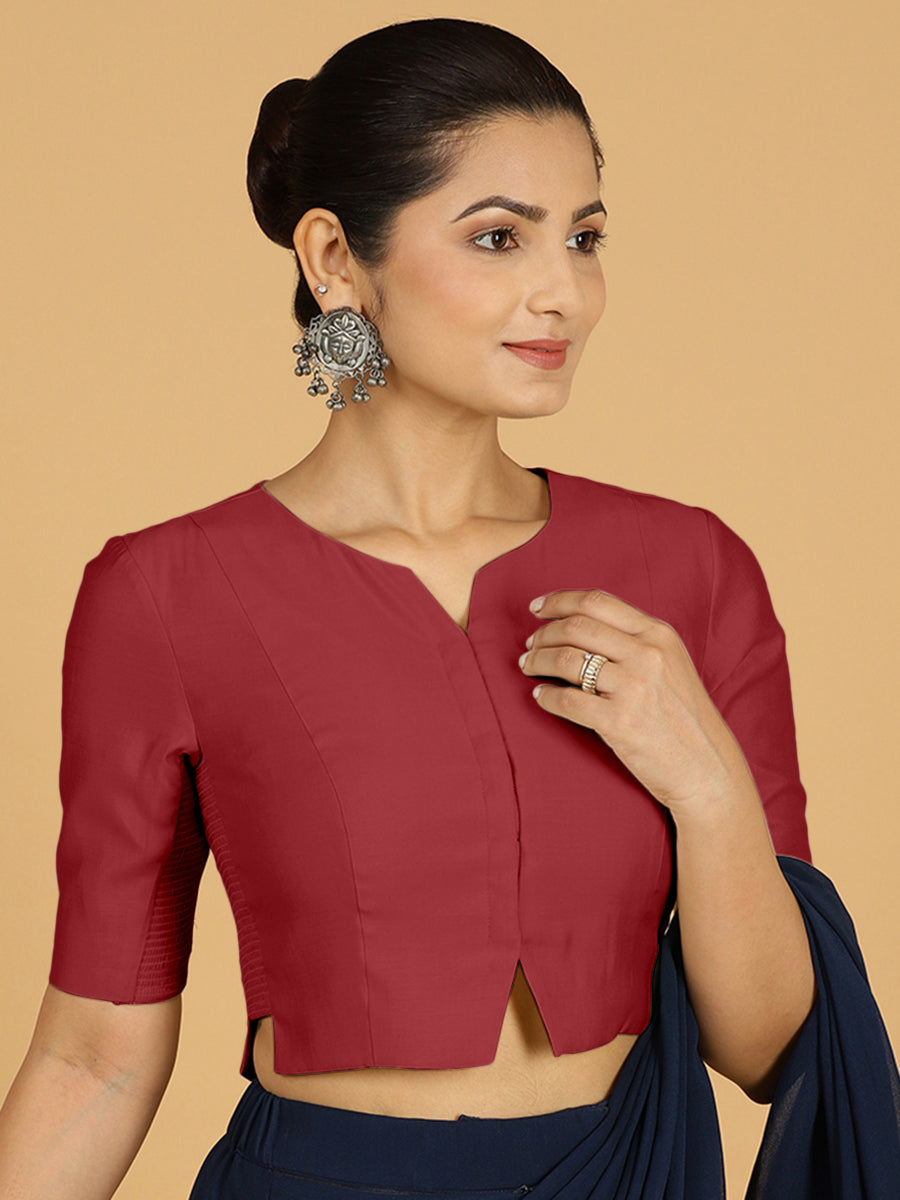Rekha x Rozaana Saree Blouse, in Red Viscose, featuring elbow sleeves and round neckline, made for daily & work (view 7).