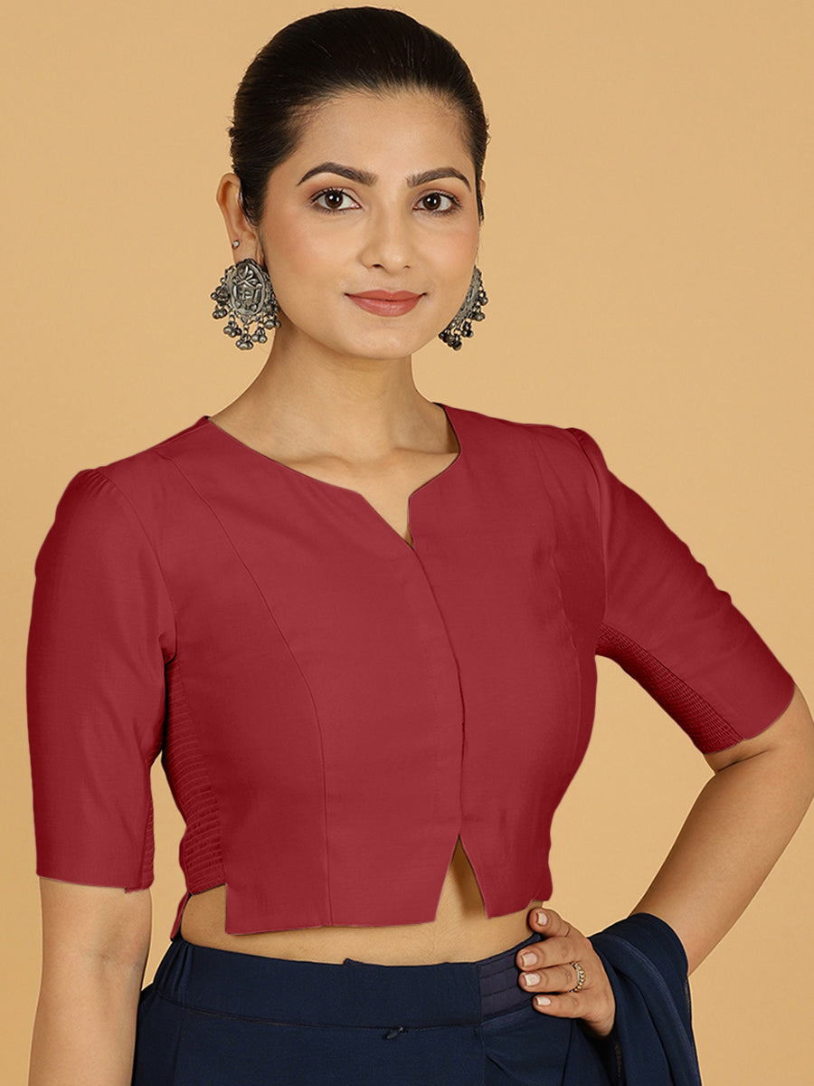 Rekha x Rozaana Saree Blouse, in Red Viscose, featuring elbow sleeves and round neckline, made for daily & work (view 8).