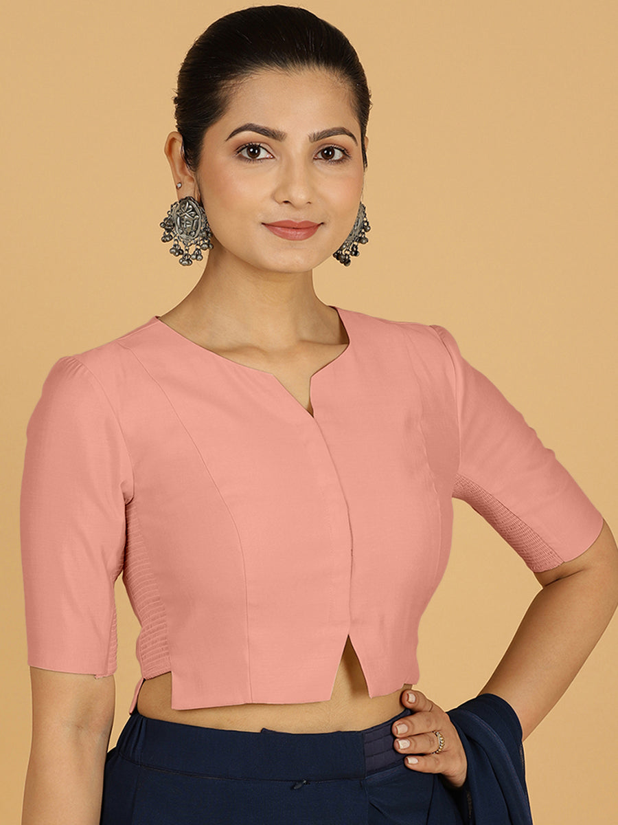 Rekha x Rozaana Saree Blouse, in Pink Viscose, featuring elbow sleeves and round neckline, made for daily & work (view 7).